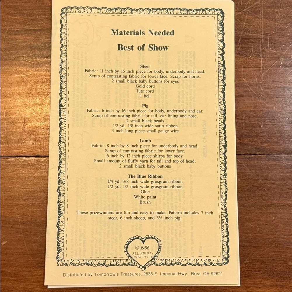 NEW Tomorrow Treasures Craft Pattern Best Of Show Uncut Pig Lamb Steer Ribbon 86